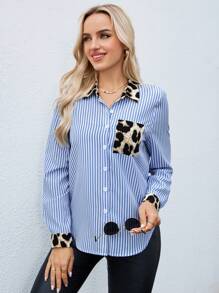 SHEIN LUNE Women's Blue & White Stripe Patchwork Leopard Print Casual Fashion Woven Cardigan - Blue and White - View 3