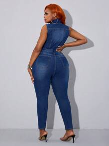 SHEIN SXY 大码前扣无袖破洞简约休闲牛仔连体裤 - 藍色 - 查看 2