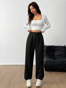 Chiquease Pantalones casuales sólidos con botones delanteros simples para uso diario de mujer