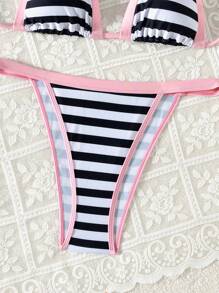 SHEIN Swim Conjunto de bikini de playa con escote halter sin espalda, estampado a rayas y patchwork, para mujer, de verano - Multicolor - Ver 7