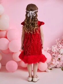 Glamorique Kids Vestito da festa di Natale per ragazze, abito da cerimonia per bambini, abito da Ognissanti, vestito da ballo, vestito rosso da bambina con paillettes e perline in rete con balze, adatto per esibizioni, stile europeo e americano di lusso per festa di vacanza - Rosso - Visualizzare 2
