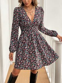 SHEIN Frenchy Đầm ngắn thường ngày cổ chữ V dài tay in họa tiết cho nữ Đầm tay dài Đầm cho nữ Đầm mùa đông thanh lịch cho nữ Đầm dự tiệc năm mới cho nữ Trang phục dự tiệc tụ họp Đầm nghỉ mát, Đầm chống nắng - Nhiều màu - Xem 5