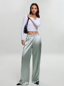 SHEIN Cottnline بنطلون نسائي فضفاض بخصر مطاطي وساق مستقيمة، باللون الأحادي لاستخدام كاجوال - أخضر نعناع - مشاهدة 4
