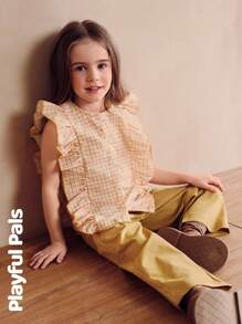 SHEIN 2pcs Young Girls Sets: Cute/Vintage Ruffled Blouse And Retro Straight-Leg Cargo Pants Outfits, Suitable For School And Outdoor Activities In Summer - Yellow - View 5
