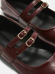 CUCCOO BIZCHIC Women's Square Toe Flat Shoes, Burgundy Fashion Buckle Strap Lady Flats Valentines - Burgundy - View 7