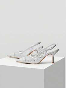 MOTF PREMIUM RHINESTONE POINT TOE SLINGBACKS PUMPS, FOR VALENTINE'S DAY, SPRING BREAK EASTER PROM HEELS - Silver - View 4