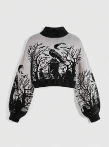 ROMWE Goth Gothic Dark High Neck Warm Crow Gravestone Moon Bat Branch Jacquard Black Lantern Sleeve Women Sweater