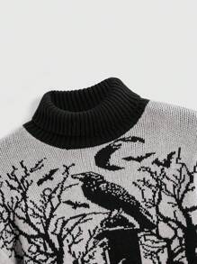 ROMWE Goth Gothic Dark High Neck Warm Crow Gravestone Moon Bat Branch Jacquard Black Lantern Sleeve Women Sweater