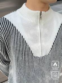 Manfinity Hypemode Men's Front Zip Closure Long Sleeve Solid Color Patchwork Letter Design Detail Casual Rib Knit Sweater