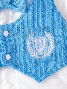 SHEIN 新生男婴可爱针织服装礼品套装，0-9 个月，白色和蓝色洗礼婴儿服装 - 藍白色 - 查看 4