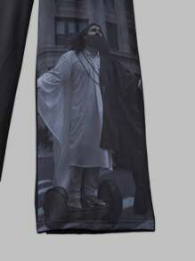 SHEIN Explorewe 2pcs/Set Teenage Boys Fashion Streetwear Figure Digital Print Round Neck Short Sleeve Tee & Casual Knit Long Pants