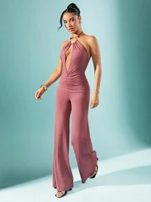 SHEIN Unity Mono de pierna ancha con escote halter y espalda abierta con fruncidos recortados - Rosa Oxidada - Ver 3