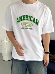 Camiseta básica de manga corta y cuello redondo con estampado de letras para hombre - Blanco - Ver 5