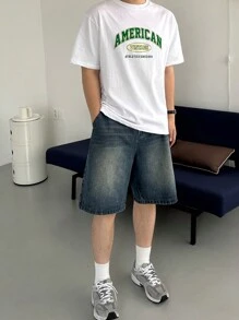 Camiseta básica de manga corta y cuello redondo con estampado de letras para hombre - Blanco - Ver 6