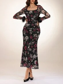 Modelyn Rochie de dama lunga din pene de curcan Rochii lungi de seara - Multicolor - Vizualizare 1