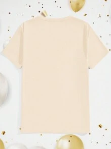 Manfinity Homme 2025 New Year Element Letter Print Casual Family Matching Tee, Single Item Khaki Crew Neck Short Sleeve T-Shirt, Men Regular Fit Suitable For Couples, Family Combination Outfit