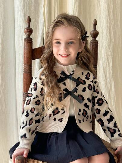 LMoss Kids LMoss 2pcs/Young Girl Cute Bow Pattern Jacquard Comfortable Loose Fit Drop Shoulder Pullover Round Neck Sweater With Woolen Bell Bottoms Set, Buy 1 Get 1,Long Sleeve,Autumn And Winter,Great For Casual & Daily Wear & School Daily