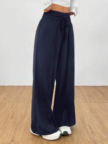 SHEIN PETITE Solid Drawstring Waist Wide Leg Sweatpants - Navy Blue - View 5