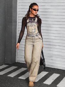 SHEIN ICON Women's Wide Strap Button Pocket Simple Casual Denim Bib Pants