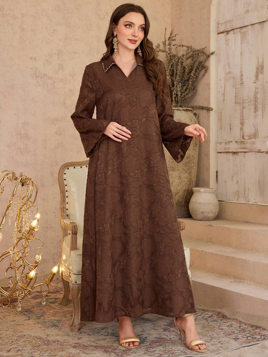 Al Najma Women's Rhinestone Decor Long Sleeve Casual Long Dress,Modest - Khaki - View 1