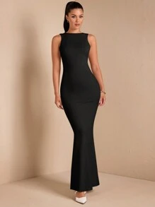 SHEIN BAE Váy thanh lịch hở lưng màu mơ không tay dành cho nữ, thích hợp cho tiệc cocktail, hẹn hò lãng mạn, mặc nhiều lớp vào mùa thu/đông, tiệc tùng, dịp trang trọng, Halloween, Giáng sinh - màu đen - Xem 2