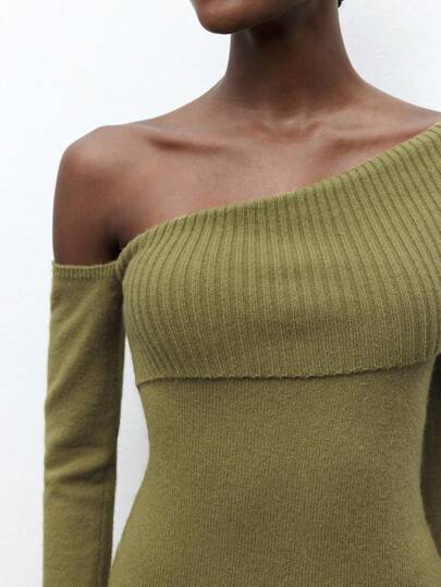 Maija 都市优雅复古派对节日绿色针织连衣裙，不对称领口，收腰，适合圣诞节，长袖，长款，通勤情人节