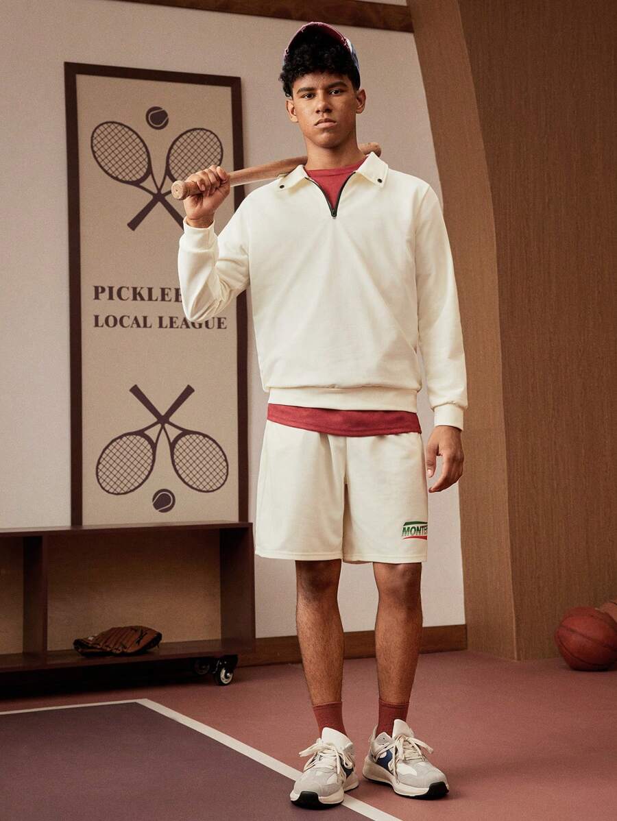 SHEIN Explorewe 青少年男孩两件套:纯色 Polo 领长袖运动衫,带有运动图案印花和配套运动短裤,适合春夏季的休闲日常穿着 - 杏色 - 查看 1