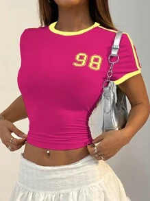 StreetHx Blusa casual de mujer con cuello redondo, manga corta, estampado numérico y parches de unicolor - Multicolor - Ver 5