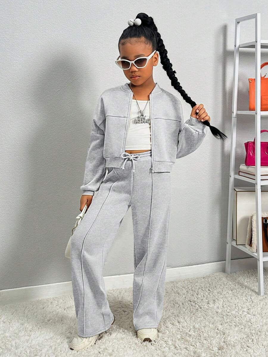 SHEIN Tween Girls 2Pcs Set: Long Sleeve Zipper Hoodie Sweatshirt + Wide Leg Sports Pants Casual Outfit, Suitable For Daily, Home Wear And Streetwear, Comfortable Two Piece Pants Set Casual Two Piece Set Two Piece Set Teen Outfits 2 Piece Set Two Piece Set Girls Two Piece Set Fall Winter - Grey - View 1