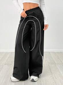 SHEIN PETITE Mädchen Schule-Freizeit Gewobenes Band Schwarz Weite Bein Jogginghose