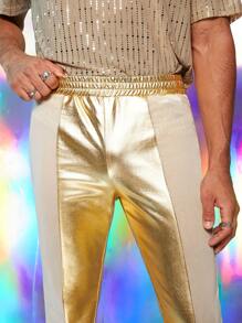 FeverCity Men's Elastic Leather Contrast Mesh Slim Fit Pants - Gold - View 4
