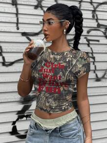 SHEIN EZwear 迷彩分支印花“女孩只想玩得开心”短款上衣，修身剪裁，适合夏季 - 白色 - 查看 5