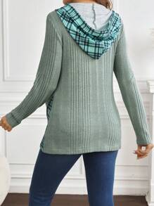 SHEIN Plaid Print Drawstring Hooded Casual Elegant Maternity T-Shirt - Mint Green - View 3