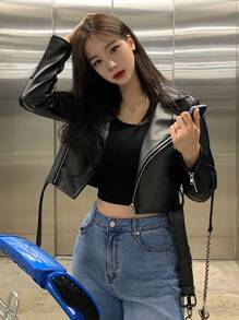 DAZY Chaqueta de mujer de estilo corto, casual y de moda, con cuello de solapa de piel sintética (PU)