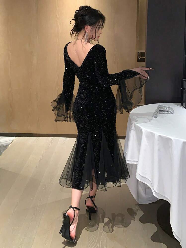 Vestido de Lantejoulas com Mangas Bufantes e Decote em V para Mulheres, Vestido de Festa, Vestido de Formatura Primavera/Verão para Mulheres, Vestido de Homecoming com Babados Luxuoso e Elegante, Vestido Novo Ano, Vestido Brilhante do Dia dos Namorados, Vestido Longo