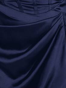 SHEIN BAE Große Größen Herbst und Winter 2-teiliges elegantes Party Sexy Damen Schwarzes Satin Korsett Röhrentop Asymmetrisches Drapiertes Kleid mit hohem Schlitz und durchsichtige Mesh Weste mit Langarm Oberteil für Festivals, Geburtstagsfeiern - marineblau - Übersicht 6