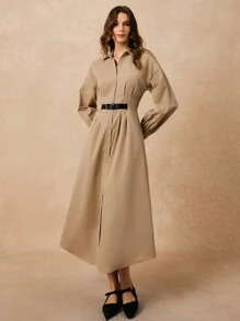 Poéselle 秋季卡其色女士休闲前腰可调节腰带纽扣长袖衬衫裙，超长衬衫裙，优雅外出装，春季服装，职业女性服装 - 卡其色 - 查看 3