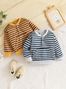 2pcs Baby Boys Casual Stripe Print Plush Thick Pullover Tops, Half Open Button, Front Pocket, Ribbed Hem, Suitable For Autumn/Winter - Multicolor - View 3