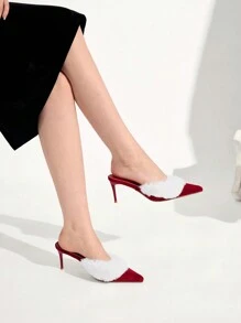 CUCCOO CHICEST 女士圣诞毛绒尖头一脚蹬高跟穆勒鞋，简约时尚，秋季新年假期新品，圣诞礼物 - 酒紅色 - 查看 6