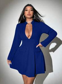 Viva Relle Vestido largo de manga larga y talla grande de unicolor con diseño calado y sexy - Azul - Ver 1