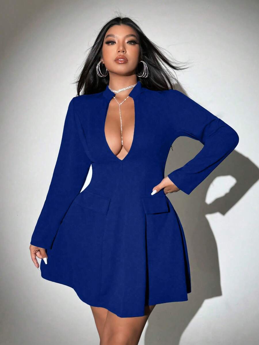 Viva Relle Vestido largo de manga larga y talla grande de unicolor con diseño calado y sexy - Azul - Ver 1