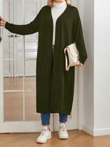 Plus Size Solid Color Open Cardigan, Long Sleeve Casual Top For Everyday Wear - Army Green - View 4