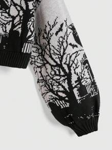 ROMWE Goth Gothic Dark High Neck Warm Crow Gravestone Moon Bat Branch Jacquard Black Lantern Sleeve Women Sweater