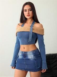 SHEIN ICON Women's Blue Denim Top One Shoulder Top Y2k Clothes Crop Tops