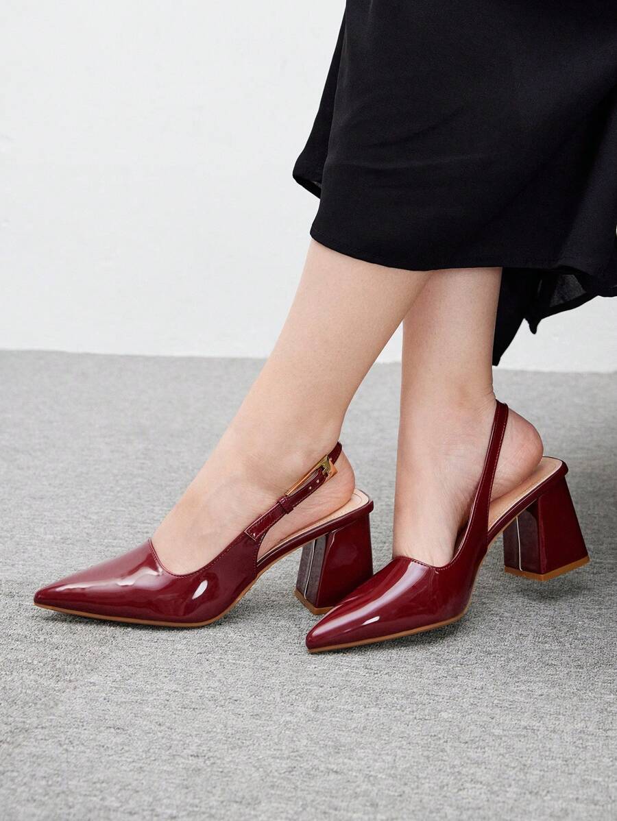 CUCCOO BIZCHIC Women's Fashion Wine Red Strap Side Buckle Pointed Toe Pu Leather Thick Heel Commuter Party Casual Shoes Valentine's Day For Christmas - Burgundy - View 1