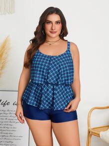 Swim Lushoire Plus Size Printed Tankini, Casual Everyday Minimalistic Design Summer - Navy Blue - View 6