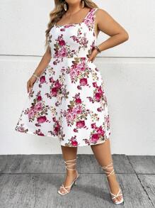 SHEIN CURVE+ 大码女式花卉印花无袖优雅约会迷你连衣裙，适合夏季 - 彩色 - 查看 8