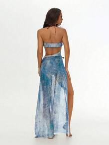 Printed Random Summer Beach Tie Neck Hollow-Out Long Cover Up Dress - Multicolor - View 2