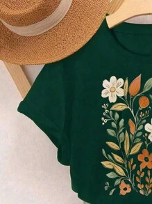 T-shirt à manches courtes avec imprimé floral pour préadolescente