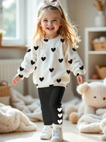 SHEIN 2 peças Conjunto de Moletom de Manga Longa Gola Redonda e Legging Casual e Doce com Estampa de Coração, Adequado para Meninas Jovens no Outono/Inverno para o Dia dos Namorados